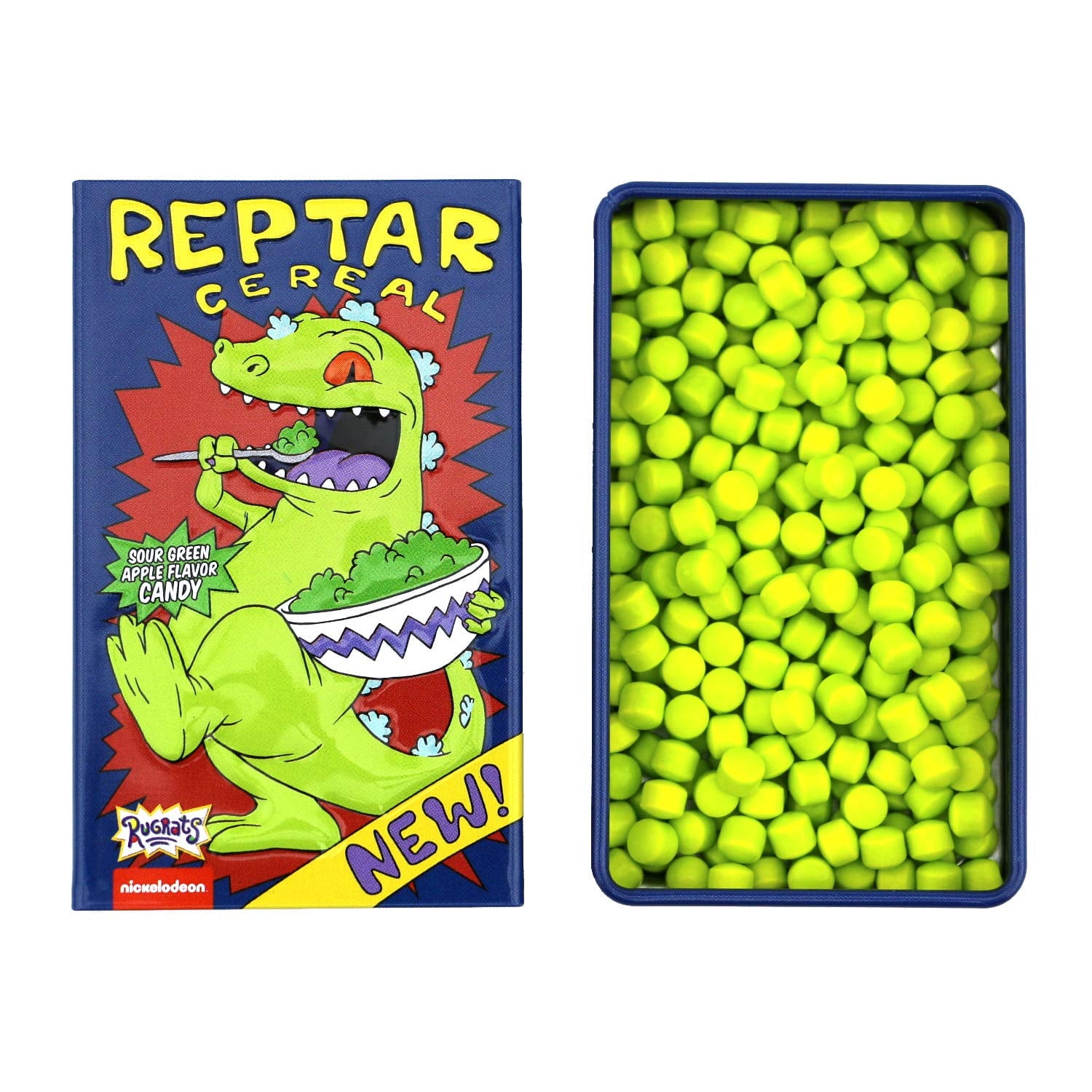 Nickelodeon Rugrats Reptar Cereal, Green Apple Flavored Candy, 1.2 Ounce Tin - 12 Count Display Box - Imagen 4